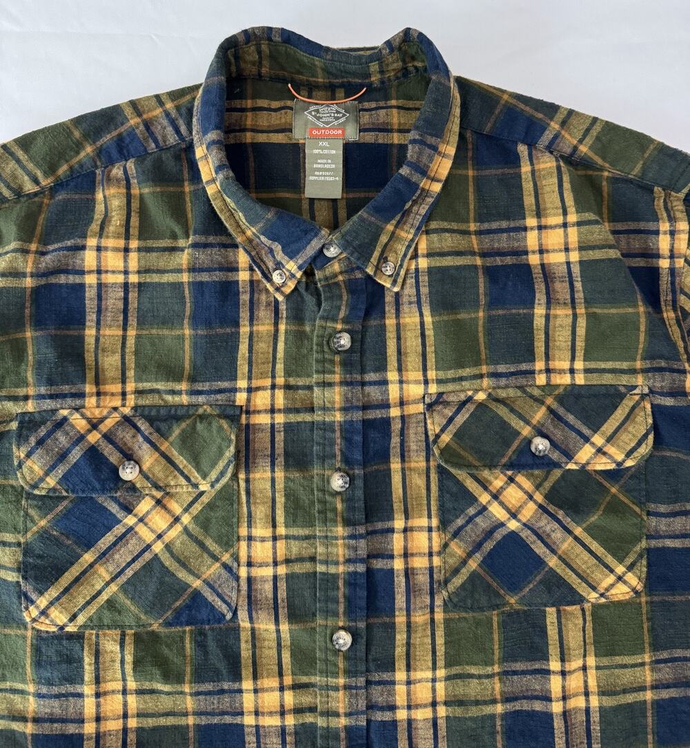 St. John's Bay Flannel Shirt Mens 2XL Green Blue Plaid Button Down Outdoor
